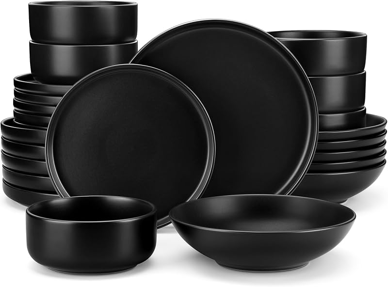 vancasso Playa Black 24pc Dinner Set for 6 Matte Glaze Stoneware