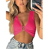 AEVZIV Sexy Crop Tops for Women Sleeveless Deep V Neck Workout Tops Plunge Ring Cleavage Cropped Tank Top
