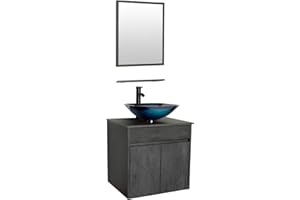 eclife 24" Bathroom Vanity Sink Combo Wall Mounted Concrete Grey Cabinet Vanity Set Ocean Blue Square Tempered Glass Vessel Sink Top, W/ORB Faucet, Pop Up Drain & Mirror (A04E03CC)