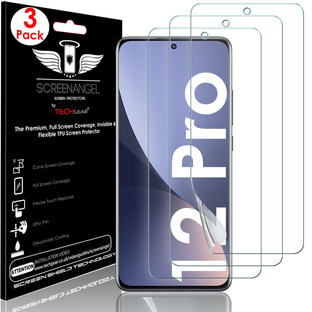 TECHGEAR [3 Pack Screen Protector fits Xiaomi 12 Pro 5G [Screen Angel Edition] [Case Friendly] [Bubble Free] [FULL Screen Coverage] HD Clear Flexible TPU Film
