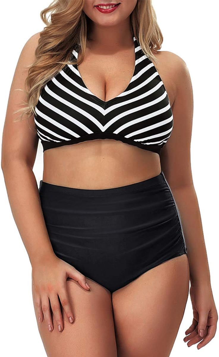 Yomoko Women's Plus Size High Waist Bandage Bikini Sets Chic Swimsuit Retro Bathing Suit