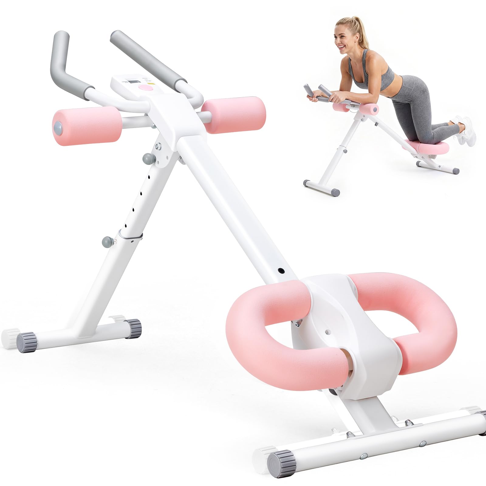 NEWBULIG Ab Machine, Adjustable Ab Trainer for Home Gym, Foldable Abdominal Workout Equipment with LCD Display, Knee Protection, Core Exercise Machine, Pink/White