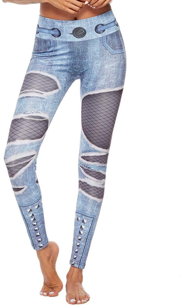 iNoDoZ Women's Workout Shredded Jeans Print Leggings Fitness Sport Gym Yoga Athletic Pant