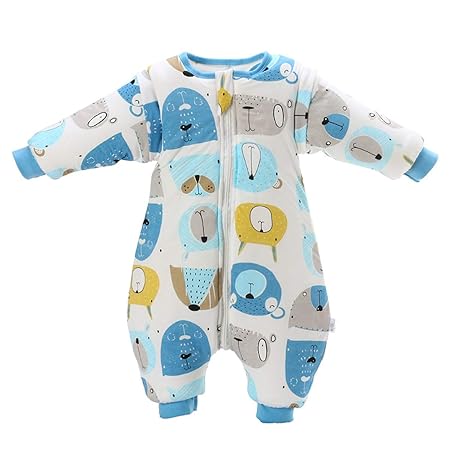 Baby Schlafsack mit Beinen warm gefüttert Winter Langarm Winterschlafsack mit Fuß 3,5 Tog (L/Körpergröße 85cm-95cm, Blau)