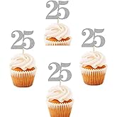 Shiningparty 20 Pack of Number25 Cupcake Toppers Glitter 25th Birthday Party Anniversary Party Cupcake Toppers (silver)