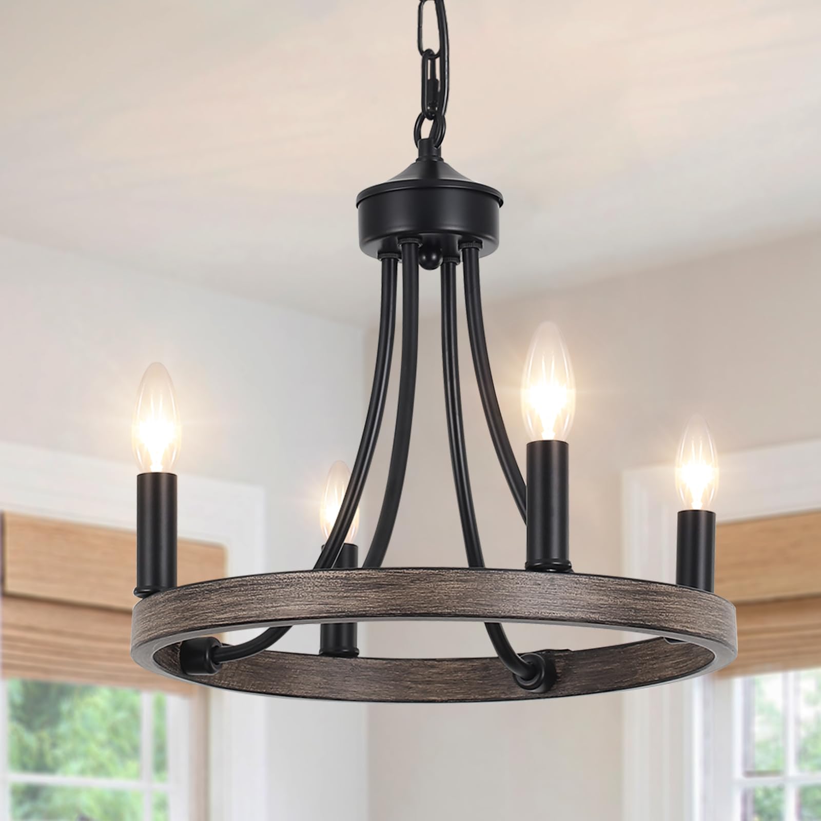 ASHUAQI Black Chandelier, 4 Lights Chandeliers Ceiling Light, Rustic Farmhouse Wagon Wheel Chandelier, Industrial Pendant Light Fitting Ceiling Lights for Living Room Dining Room Kitchen Bedroom Hall