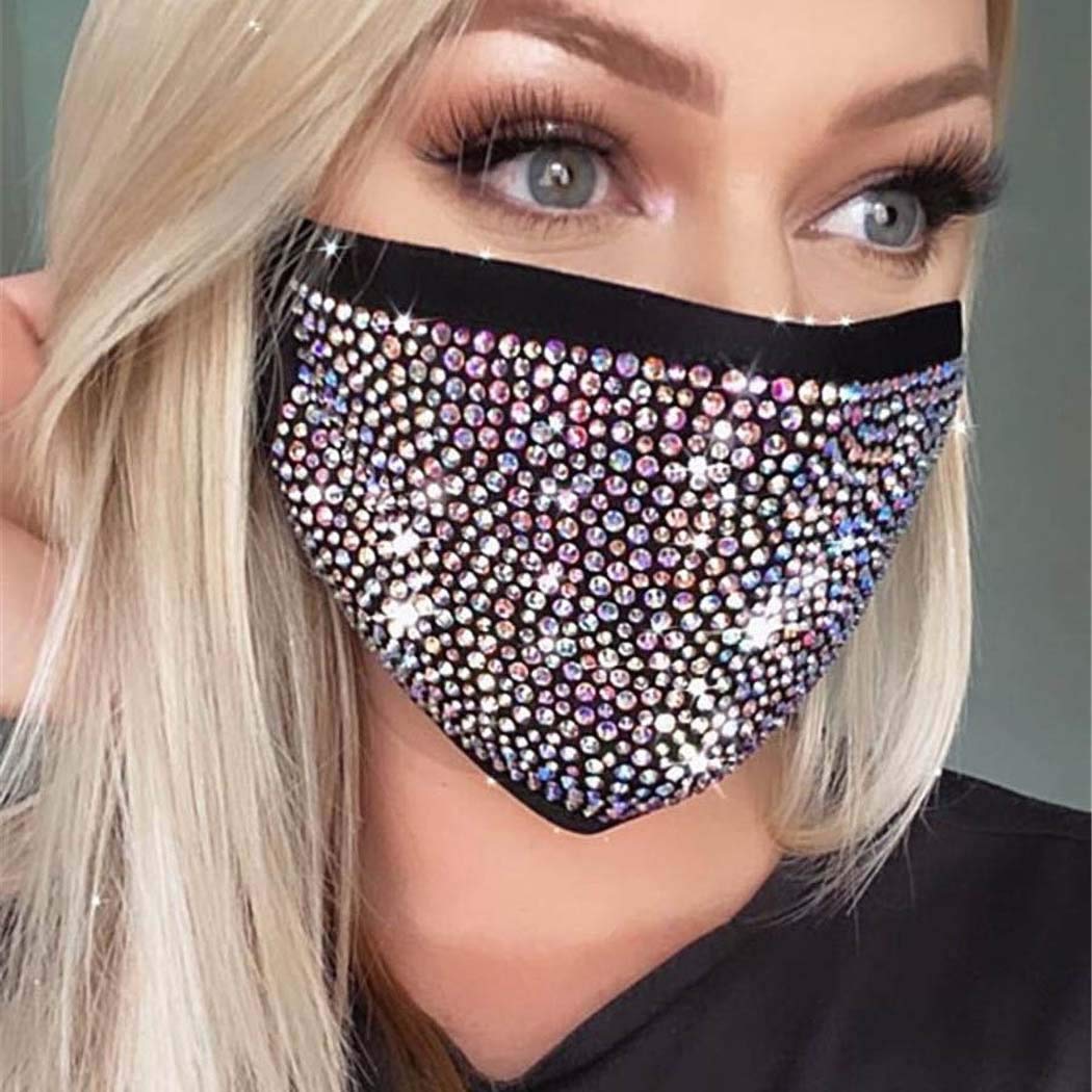 IYOU Glitter Crystal Mouth Cover Reusable Black Face Masks Bling Rhinestone Masquerade Face Cover Halloween Genie Costume Sparkly Decoration Jewelry for Women