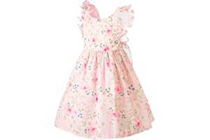 HILEELANG Girls Summer Dress Easter Ruffle Floral Halter Neck Cold Shoulder Sleeveless Beach Sundress 1-12 Years