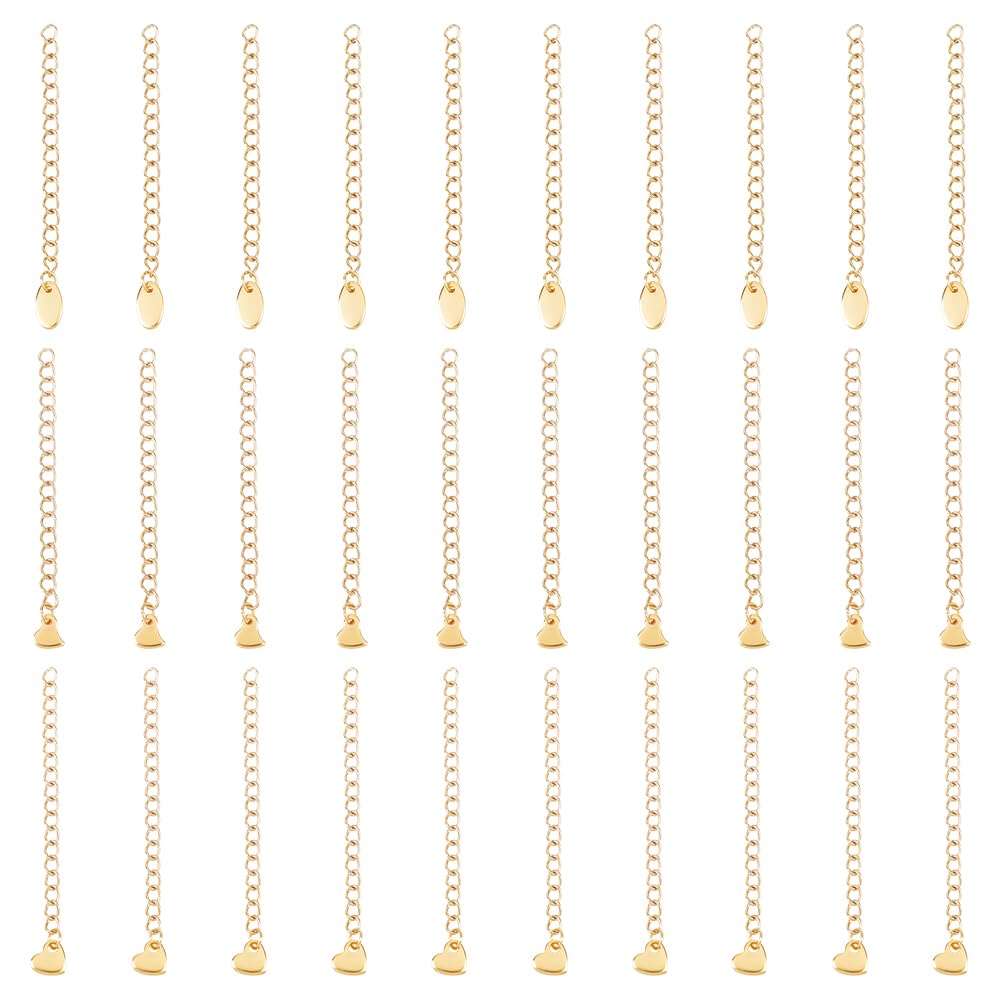 UNICRAFTALE About 30 Pcs 3 Styles Curb Chain Extension Stainless Steel Chain Extension 58~68mm End Chains with Heart Oval Charms Golden Chains Bracelet Necklace Extension Chains for Summer Gifts