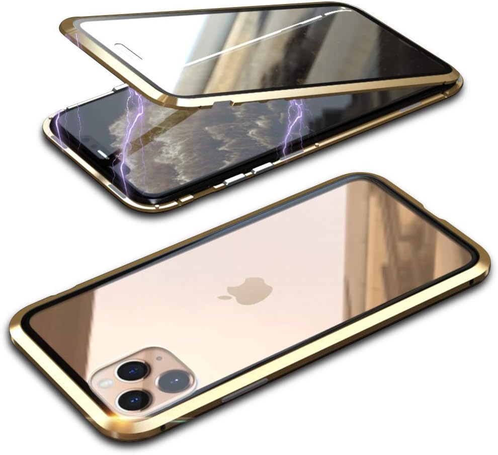 iPhone 11 Pro Max Metal Case, Hongxinyu Ultra Slim Fit Magnetic Adsorption Aluminum Alloy with HD Transparent 9H Double-Sided Toughened Glass for iPhone 11 Pro Max 6.5'' (Golden)
