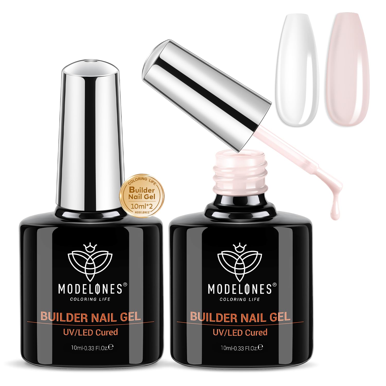 modelones Builder Nail Gel, 2 Pcs Clear and Cover Nude Builder Nail Polish, 8-in-One Apex Building Thickening Strengthener Extension Rubber Color Base Gel for DIY Home Salon Gifts LED Lamp Cured 10ml