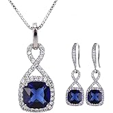 AMYJANE Crystal Jewelry Set for Women - Sterling Silver Square Cubic Zirconia CZ Bridal Pendant Necklace Earrings Set for Wedding Bride Bridesmaids Birthstone Fashion Jewelry Set