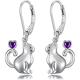 LONAGO Cat Earrings for Women 925 Sterling Silver Cute Cat with Red Heart Dangle Earrings