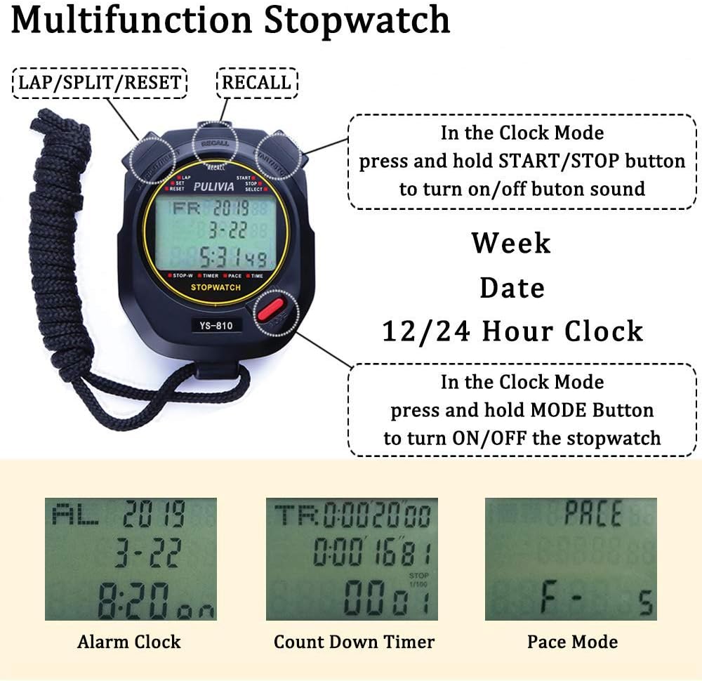 PULIVIA Stopwatch Sports Timer 10 Laps/Splits Digital Stop watch with Recall Countdown Timer Clock Alarm Calendar - Image 4