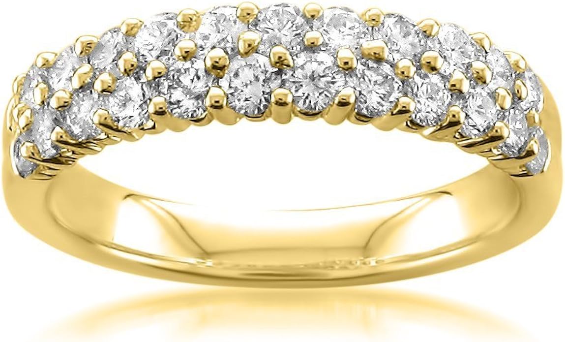 Amazon Com 14k Yellow Gold Round Diamond Double Row Bridal Wedding Band Ring 1 Cttw I J I1 I2 Clothing