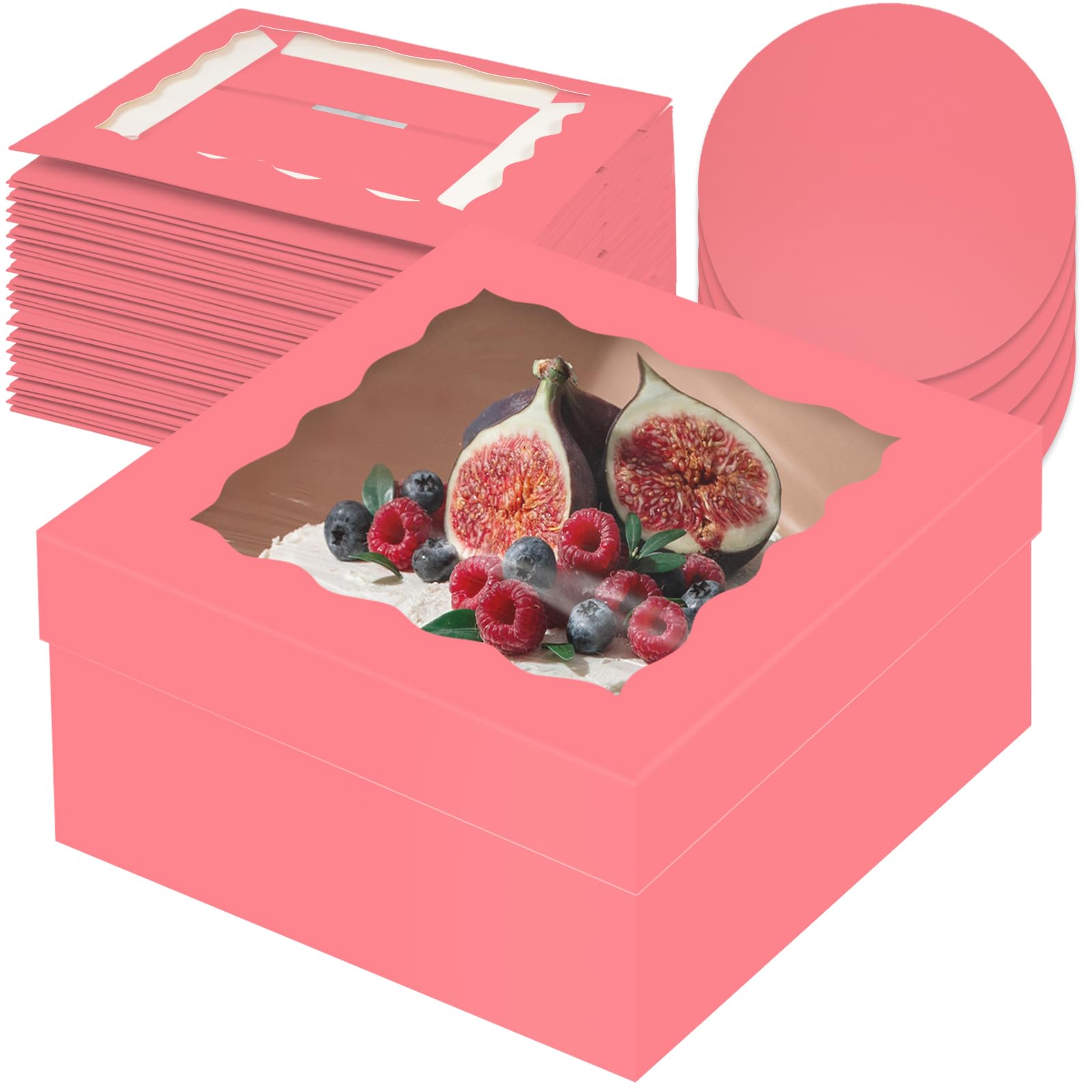 Gcardist 12x12x6 Inch Cake Box, 5 Sets Coral Orange Cake Box with Window ＆ 5 Sets 12 Inch Coral Orange Cake Round Boards, Cake Containers(30.5x30.5x15.2cm)