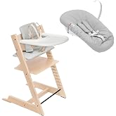 Stokke Tripp Trapp High Chair, Newborn Set, Baby Set, Cushion &amp; Tray Bundle | Grows with Your Child from Newborn to Adult, Adjustable Ergonomic Seating and Footplate, Holds up to 300lbs, Solid Wood