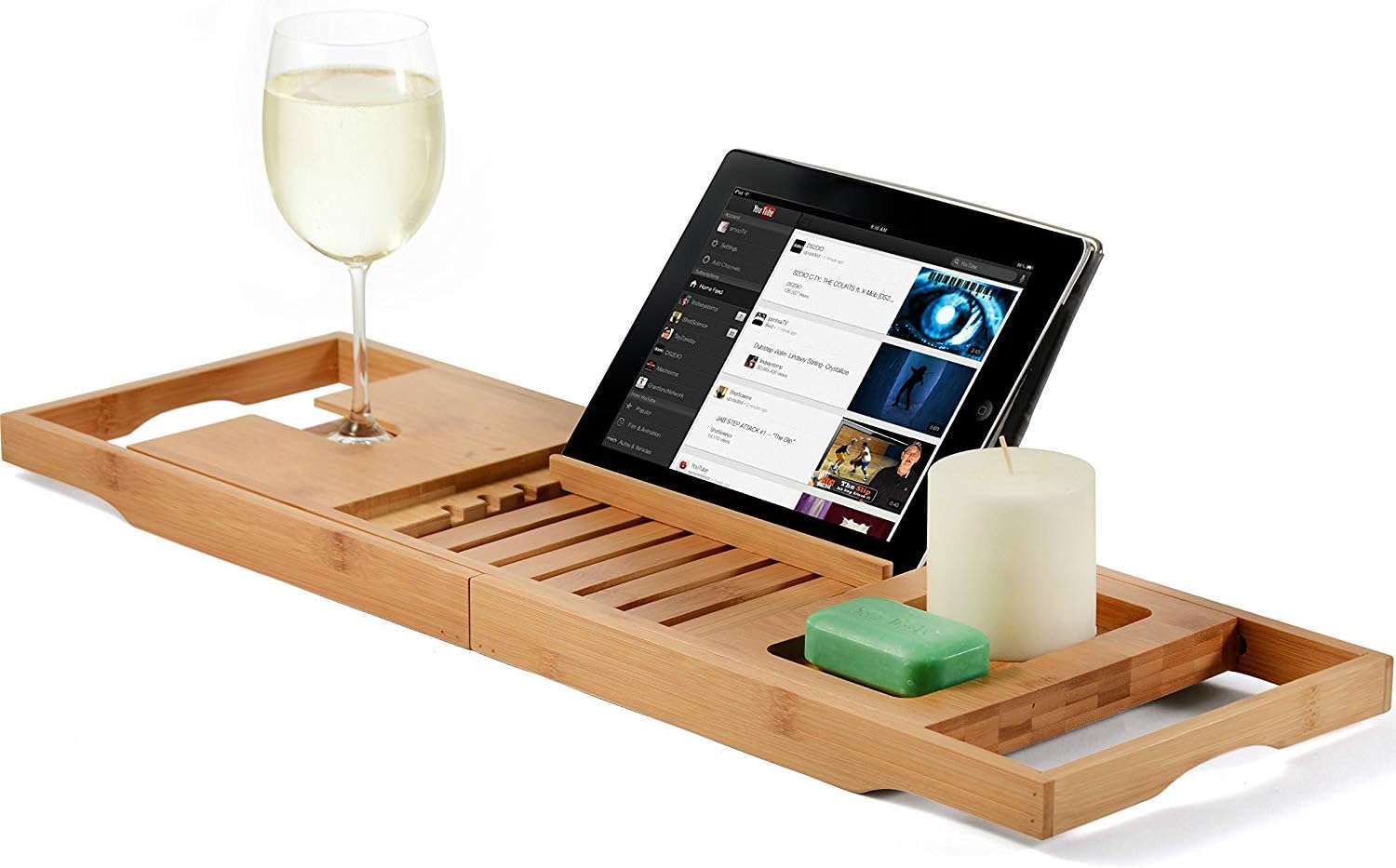 FTST Luxury Bamboo Bathtub Caddy Tray - Adjustable Natural Wood Bath Tub Organizer with Wine Holder, Cup Placement, Soap Dish, Book Space & Phone Slot for Spa, Bathroom & Shower