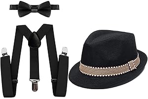 HIHCBF 1920s Kids Costume Accessories Set Boys Party Outfits Adjustable Suspenders Pre-Tied Bow Tie Short Brim Fedora Hat