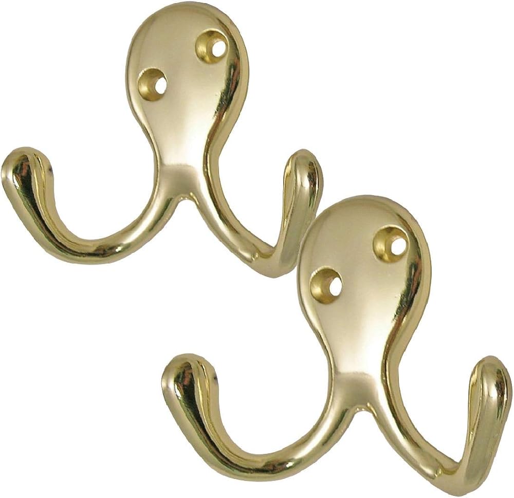 2 Pack Hiatt Brass Double Coat Hooks Door Wall Robe Dress Garment Hangers