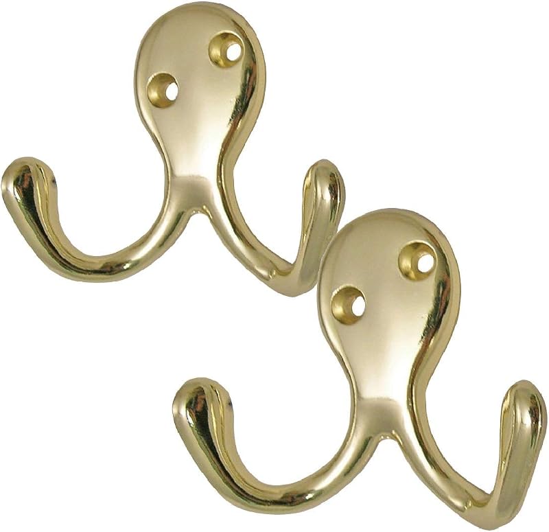 2 Pack Hiatt Brass Double Coat Hooks Door Wall Robe Dress Garment Hangers