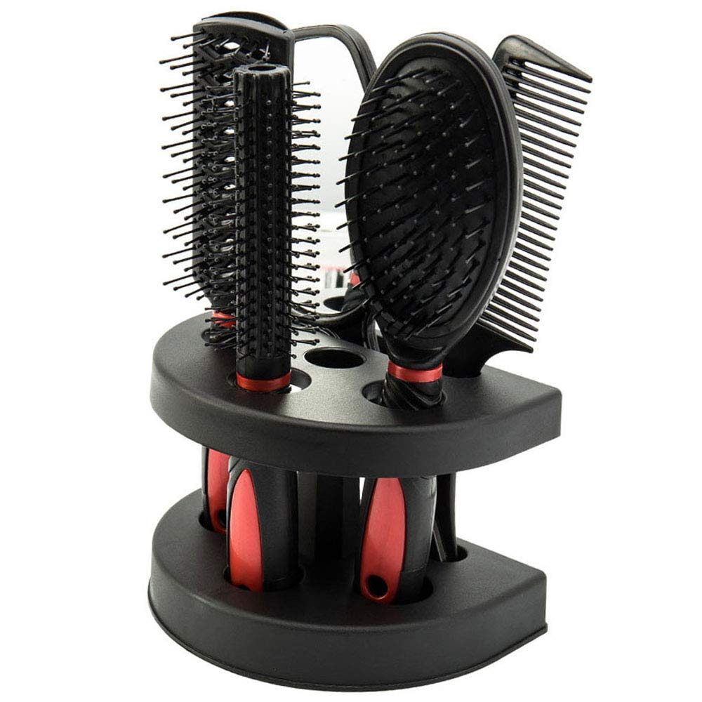 5pcs Hair Brush Comb Set Women Ladies Hair Care Gift Set Brush with Hair Brush,Comb,Mirror,Hair Care Massage Brush And Holder Stand for Adults & Kids (Red)