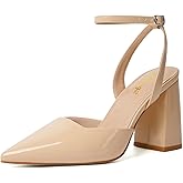 RIBONGZ Block Heels for Women Closed Pointed Toe Heeled Slingback Chunky High Heel Ankle Strap Pumps Patent Leather Comfort Dressy Shoes for Work Party Prom Wedding Bridal Dress