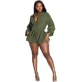 Famnbro Womens Summer Rompers Long Sleeve V Neck Drawstring Bubble Short Cute Jumpsuit One Piece Club Outfits