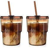 Luxfuel 13 oz Tumbler Water Glass Cups with Straw & Lid, Reusable Iced Coffee, Tea Cups, Leak-Proof Thick Wall Travel Glass Tumbler for Home, Office, Car Cup Holder Friendly, BPA Free (Amber, 2 Pack)