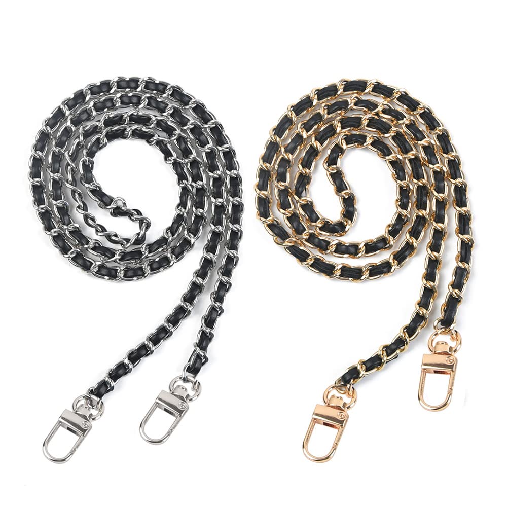 EMNIMQ 2 Pcs Handbags Metal Chains Shoulder Bags Straps Replacement Chain with Buckles,Purse Leather Chain Strap Replacement,Handbag Chain Accessories 120cm/3.94ft(Gold & Black)