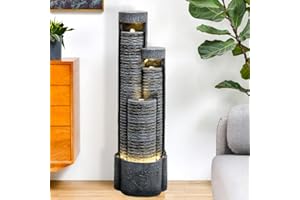 watnature Modern Indoor Outdoor Waterfall Fountain - 39.5” H 3-Columnar Ripple Water Fountain with LED Lights, Cascading Tower Freestanding Water Feature for House, Office, Garden, Patio