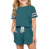Haloumoning Girls Summer Crop Tops and Shorts Set Cute Color Block Two Piece Outfits Casual Sweat Tracksuit with Side Pockets