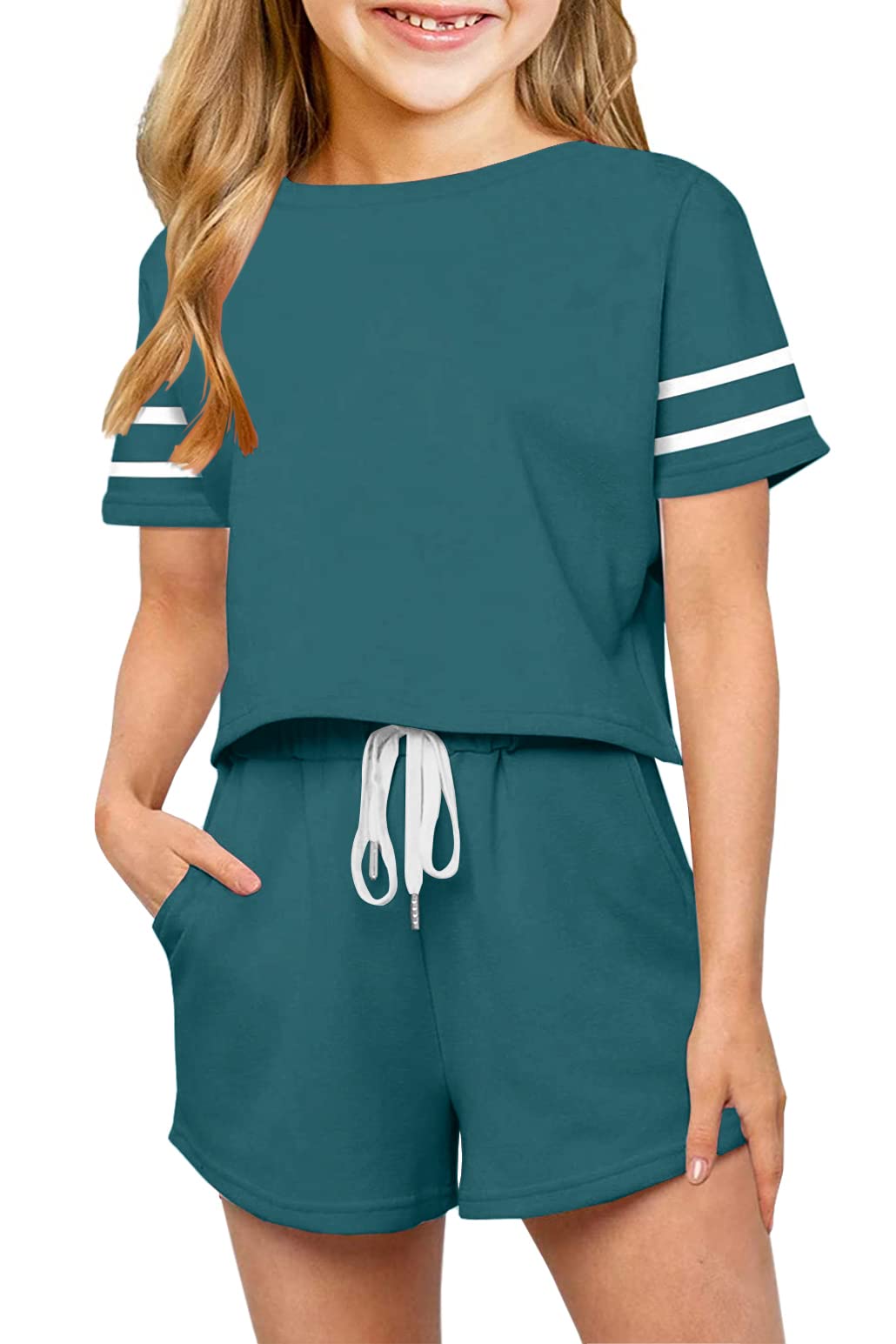 Photo 1 of Haloumoning Girls Summer Crop Tops and Shorts Set Cute Color Block Two Piece Outfits Casual Sweat Tracksuit with Side Pockets