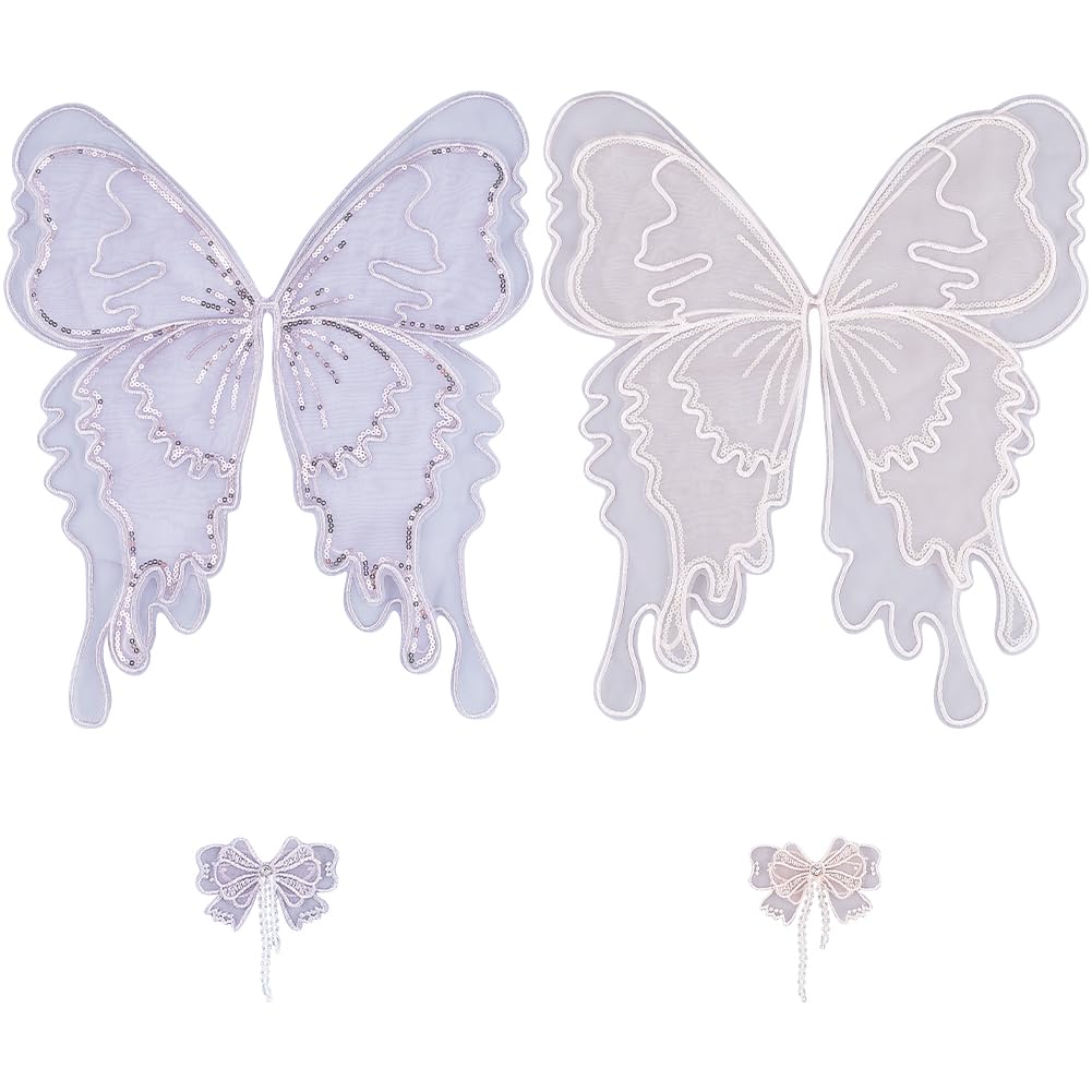 GORGECRAFT 2 Sets Butterfly Lace Applique Butterflies Sew on Clothes Patches Sequins Embroidered Trim Fabric Decorative Patch with 2Pcs Bowknot for Wedding Dress Clothes Sewing Crafts Pink Purple