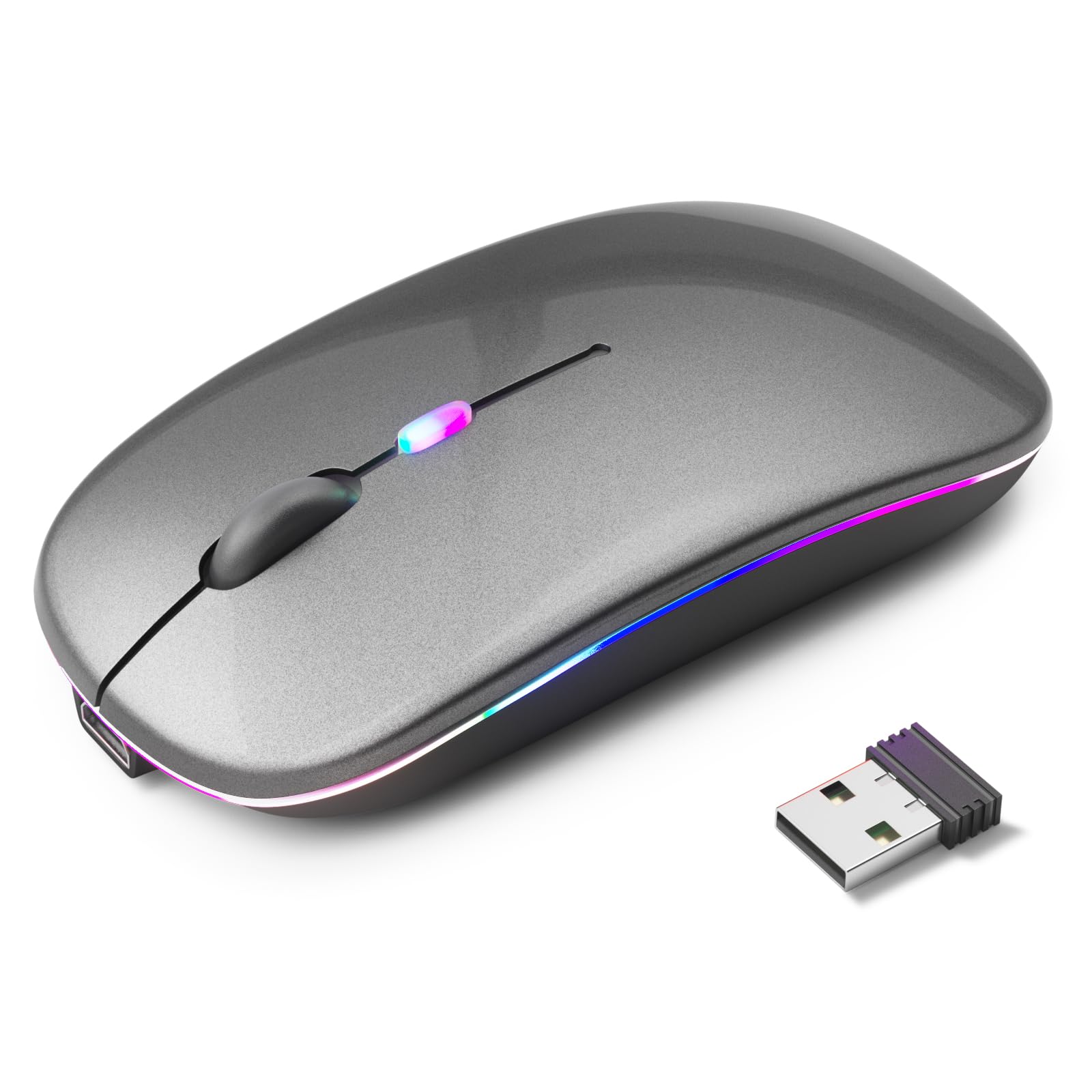 KANMABPC Wireless Bluetooth Mouse – Rechargeable, Silent, Dual Mode (Bluetooth 5.2 & USB) with LED Lights – Portable for Laptop, Desktop, & Tablet(Grey)