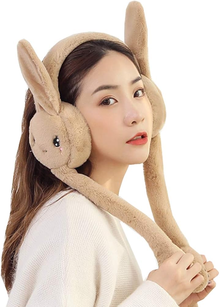 Women's Winter Plush Earwarmer Bunny Earmuffs with Moving Jumping Rabbit Ears Windproof Airbag