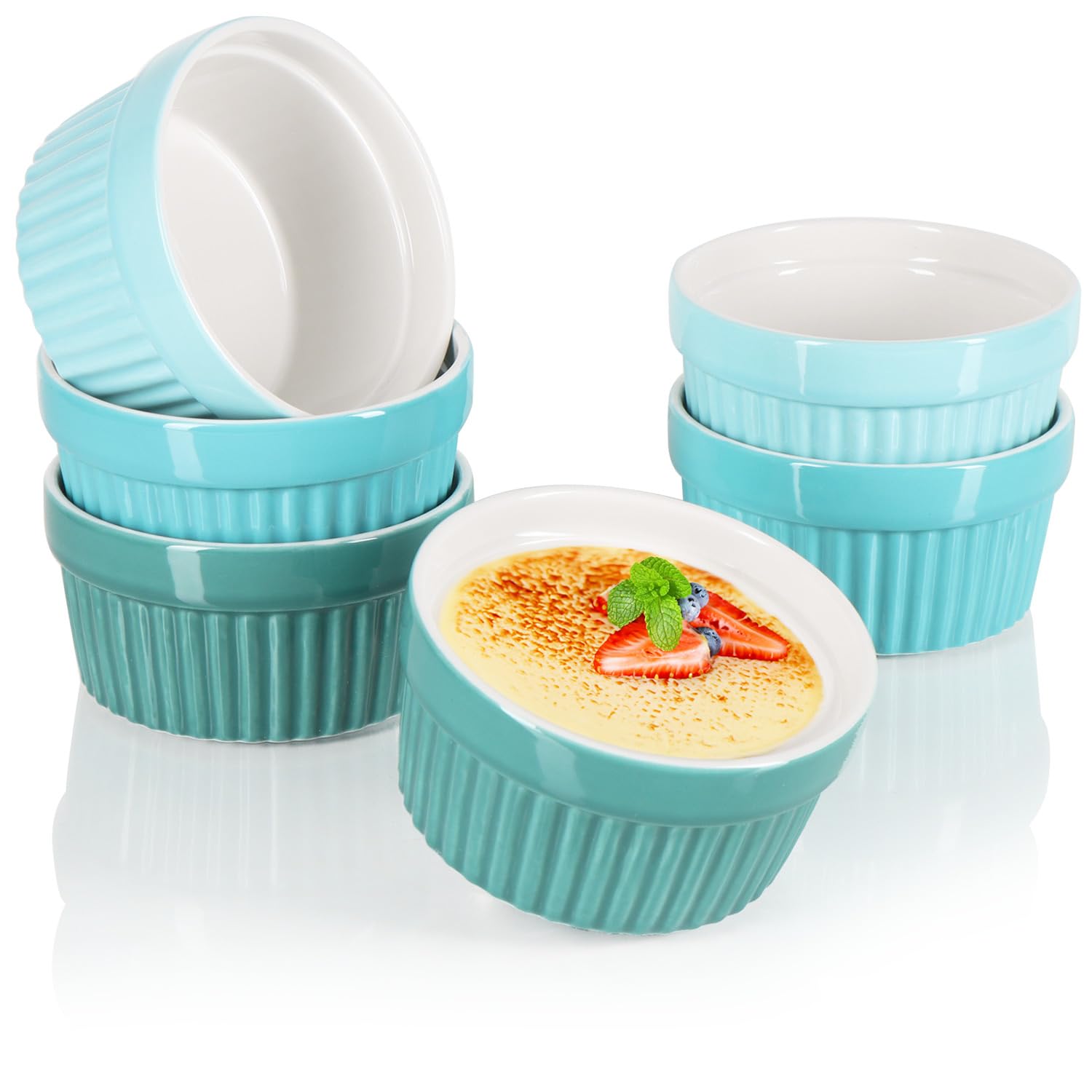 com-four® 6x Soufflé moulds - Ceramic bowl for crème brûlée - Dessert bowl and paté dish - 200 ml each - Souffle pots in different shades of green