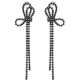 LIFKOME 1pair Elegant Long Bow Tassel Earrings for Women Sparkly Rhinestone Dangle Jewelry for Parties and Weddings