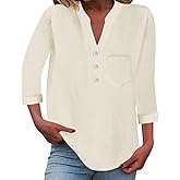 Button Down Vneck Linen Shirts for Women Plus Size 3/4 Sleeve Chest Pocket Blouses Casual Loose Comfy Gauze Tops