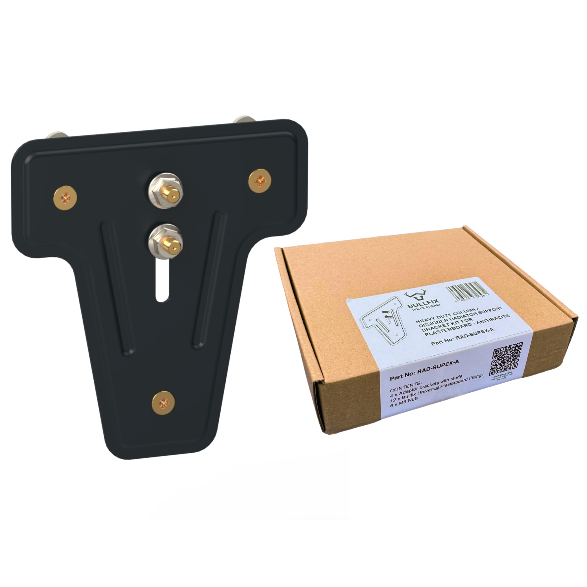 Bullfix Heavy Duty Radiator Support Bracket Kit with Heavy Duty Plasterboard Fixings - Secure Column & Designer Radiator Mounting Brackets for Vertical/Horizontal Installation, 4 Pack, Anthracite