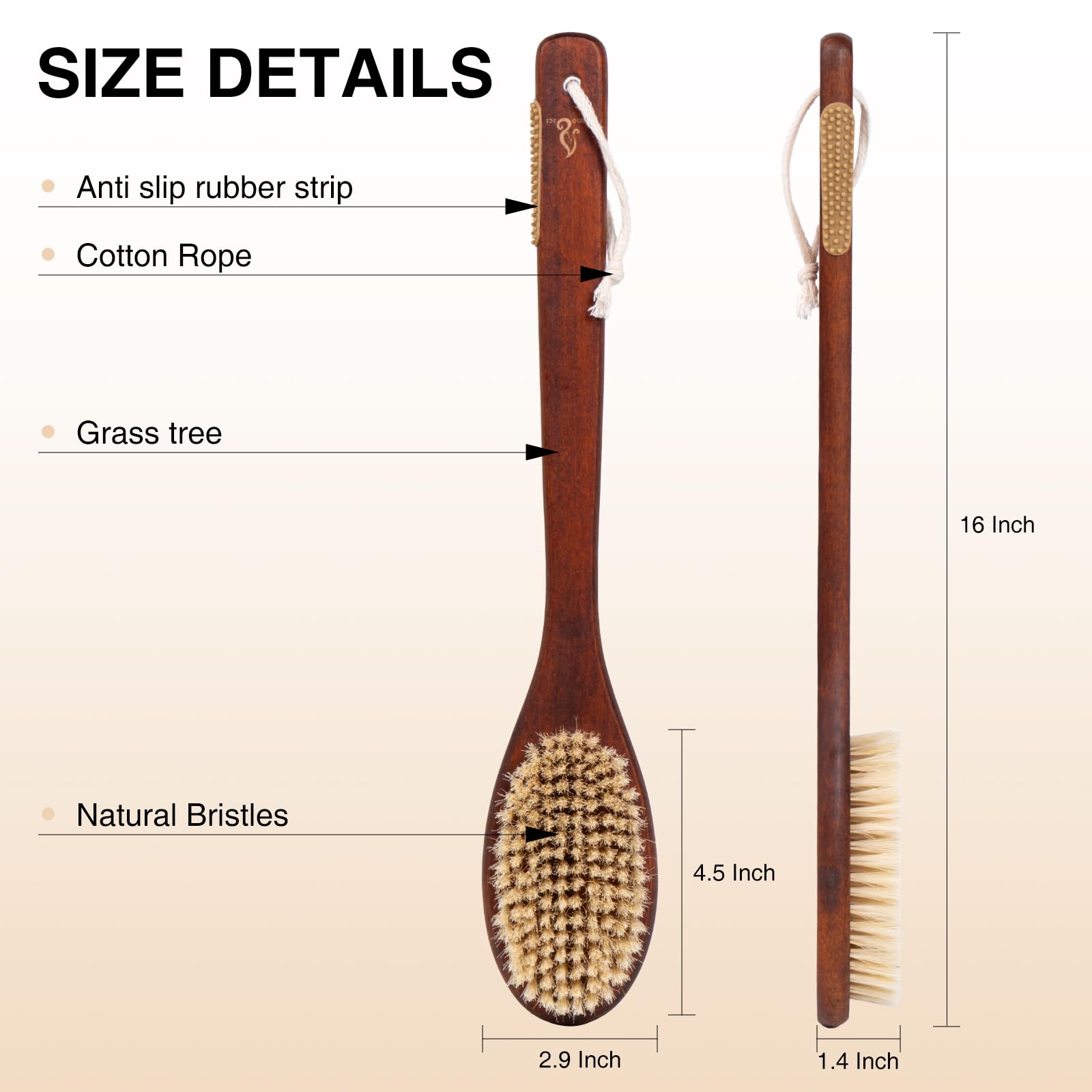 Wooden Bath Brush with Stiff Sisal Bristles Long Handle for Shower Back Scrubber Body Exfoliator, with Hook for Hanging (Stiff Sisal Hair)