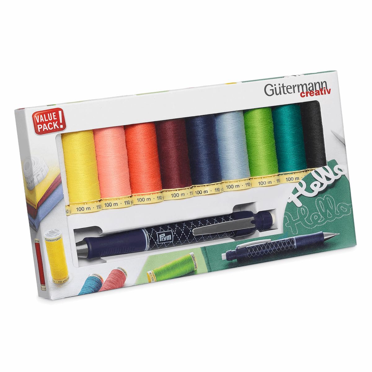 Gütermann creativ Sewing Thread Set with 10 spools Sew-All Thread 100 m in Different Colours + Cartridge Pencil by PRYM