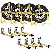 Mytee Products 4 Pack 2" x 120" Yellow Side Mount Wheel Tie Down Strap with Flat Hook & Dual Ratchet – 3,333 lbs WLL Wheel Net Fits 14–17" Tires, Heavy Duty Vehicle Tie Down Strap for Car Hauling