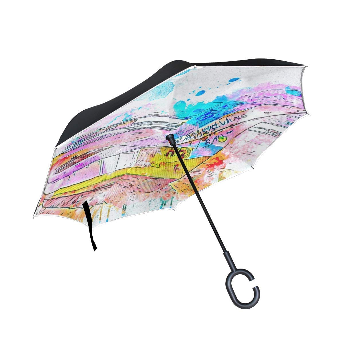 2層逆さ水彩画水彩絵の具 B07mnr9dlg 大きなストレート傘 車 Uv保護 インクスタイル C型ハンドル 防風 Multi 逆さ折りたたみ傘 アウトドア 雨 Colored9 シャビーシック傘 ゴルフ傘 良質