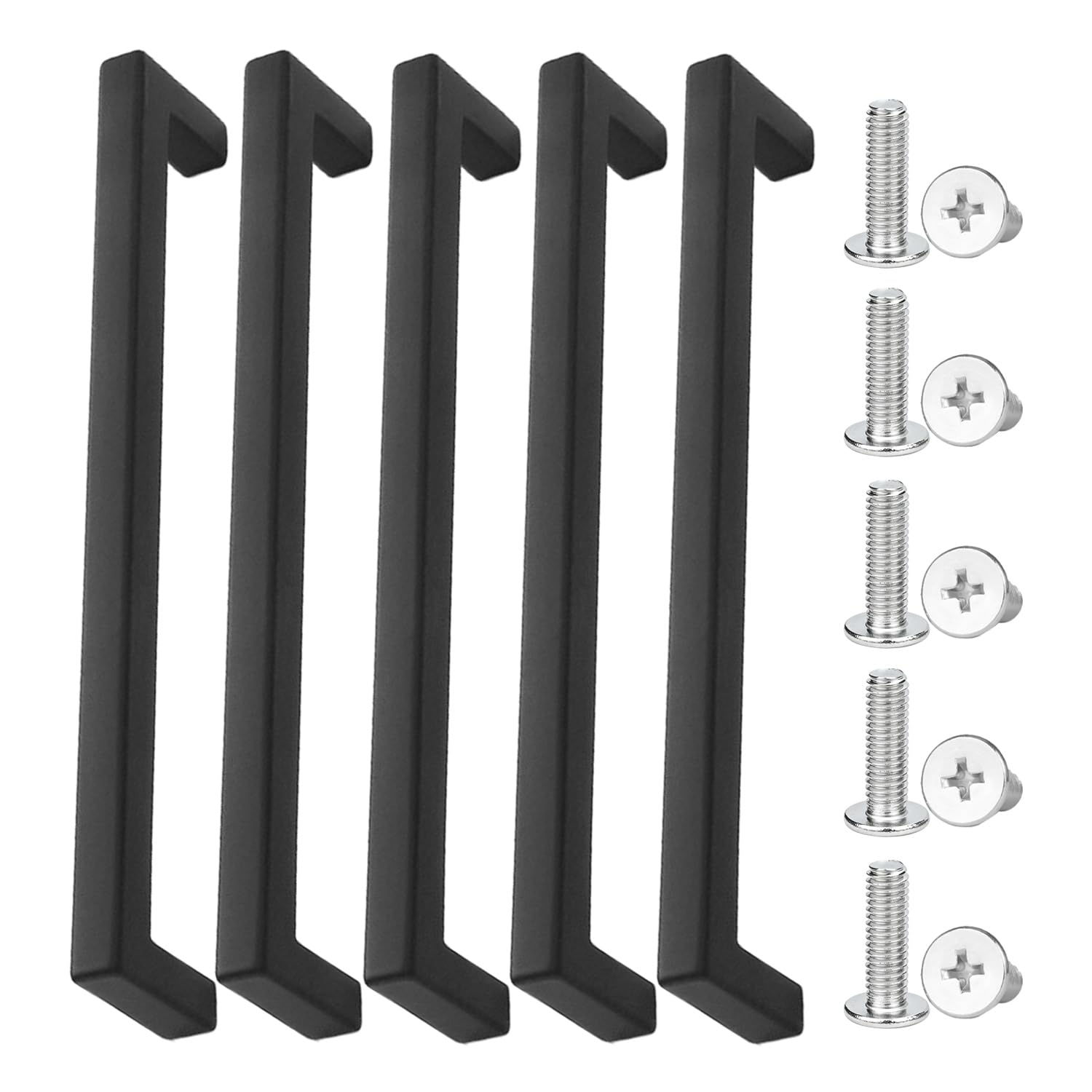 OAAO 5 Pcs Black Door Handles, 10 Pcs Flat Head Screws, Drawer Handles, Cupboard Handles, Wardrobe Door Handles, Metal Drawer Handles, Art Deco Handles, Kitchen Door Handles (160mm)