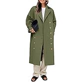 Tankaneo Womens Long Trench Coat Oversized Double Breasted Windproof Classic Lapel Casual Fall Overcoat