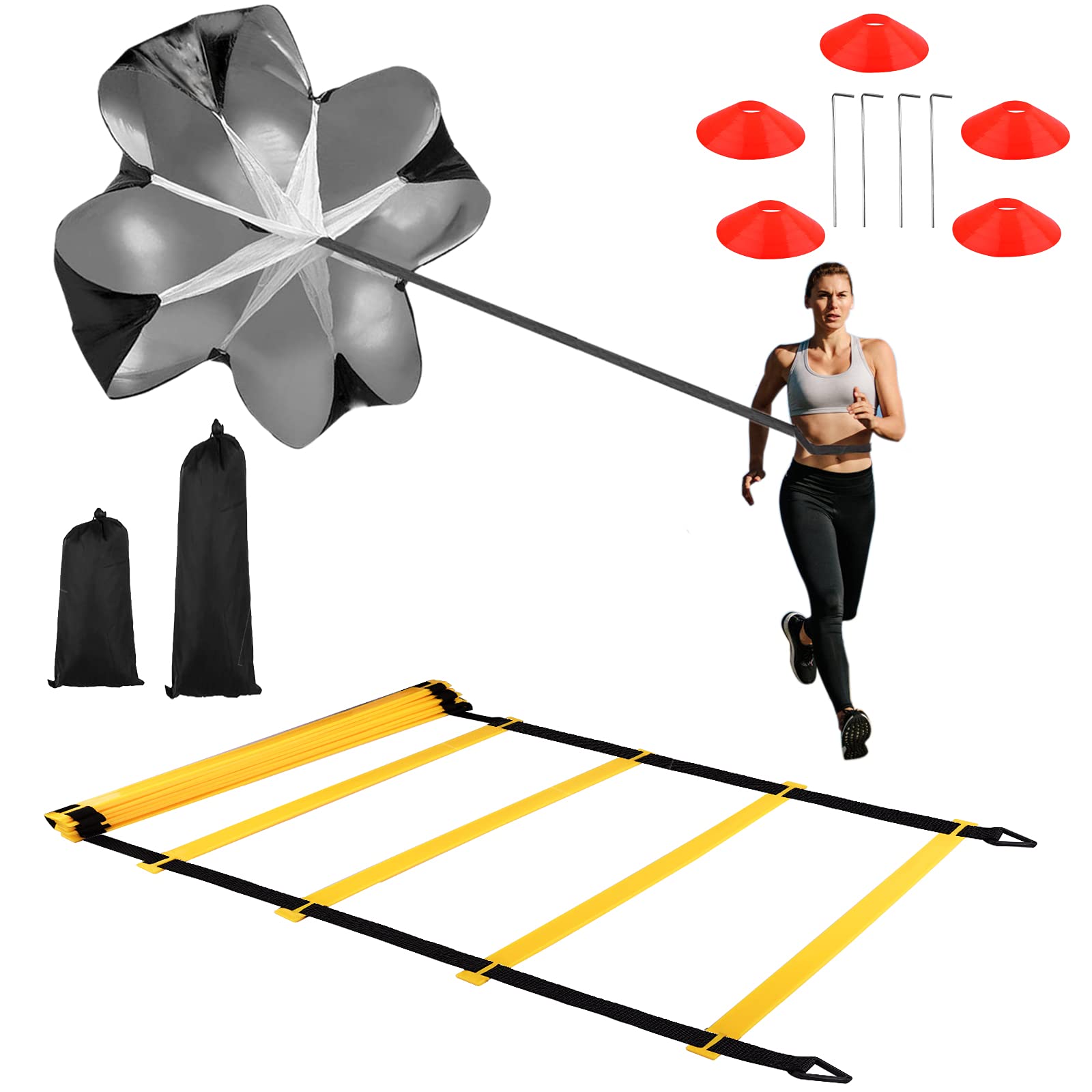 Speed Agility Training Kit Train Foot Speed Strengthen Confrontation-Agility Ladder, Resistance Parachute, 5 Yellow Disc Cones, 4 Steel Stakes & Carrying bag, Let You The Brightest Star on The Court