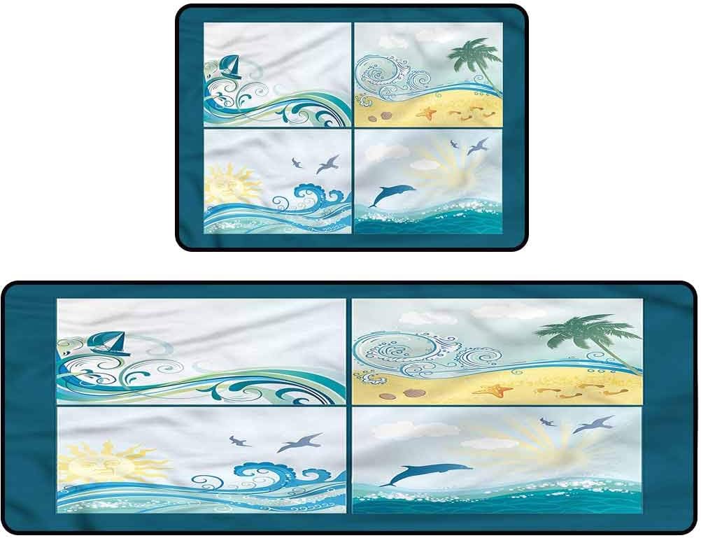 Juego de alfombras de cocina, playa, ondas temáticas marítimas, 43 x 48