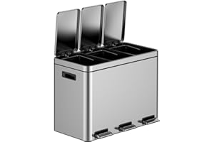 45L/12 Gal Three-Compartment Trash Can, Rust-Resistant Steel Kitchen Recycling Trash Can, Foot-Operated Design and Reusable I