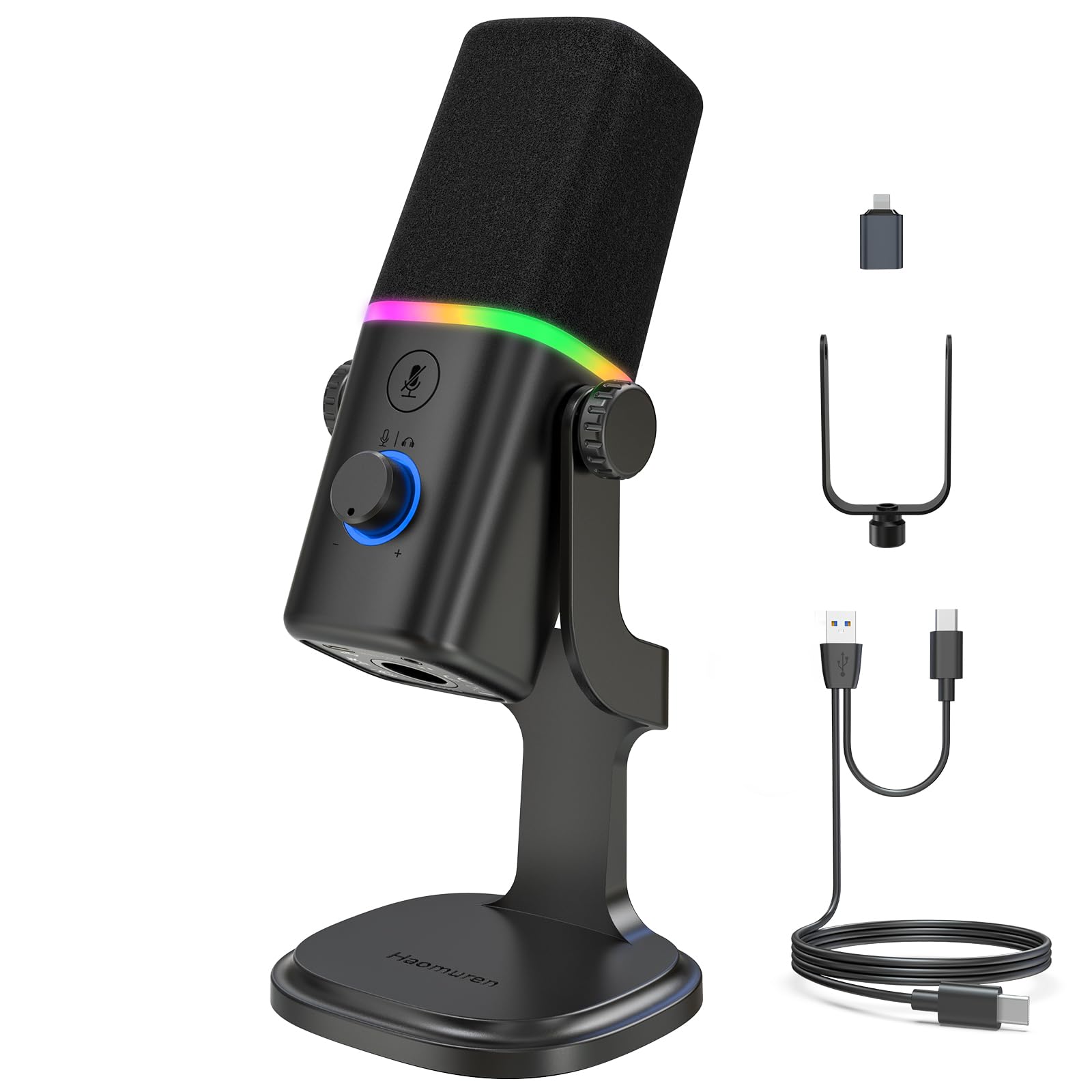 Haomuren XLR/USB Dynamic Microphone for Gaming Podcast,Mic for iPhone Phone PC Computer Gaming Streaming Microphone with RGB Light,Mute Button,Mic Gain,Headphones Jack,Desktop Stand,Singing YouTube